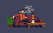 Man sitting on couch relaxing and smoking hookah or shisha