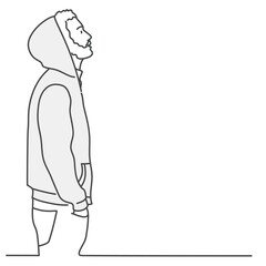 Sticker - Guy in a hoodie is looking up. Line drawing vector illustration.