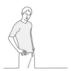 Sticker - Guy is standing, hands in pockets. Line drawing vector illustration.