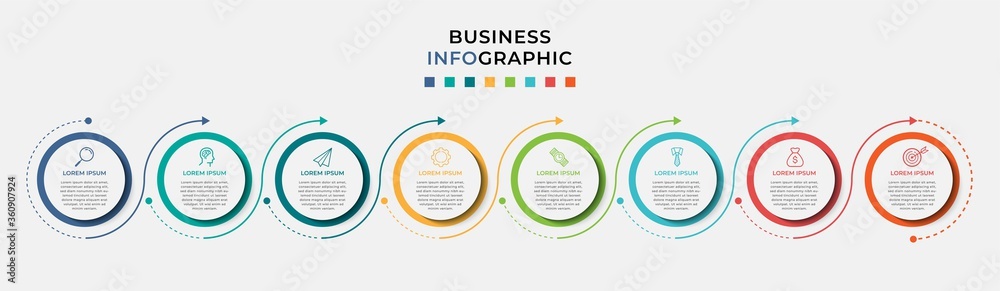 Business Infographic design template Vector with icons and 8 eight options or steps. Can be used for process diagram, presentations, workflow layout, banner, flow chart, info graph - obrazy, fototapety, plakaty 
