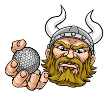 A Viking Warrior Or Barbarian Golf Sports Mascot Cartoon Character Holding A Ball