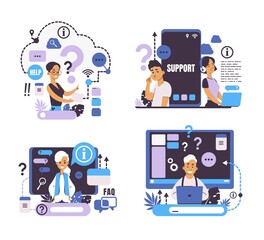 Poster - Question concept. Call center and customer support, online help and web forum, frequently asked questions. Vector image searching information set for questions service