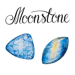 Moonstone gems isolated on white background. June birthstones Close up illustration of healing crystals drawn by hand with watercolor