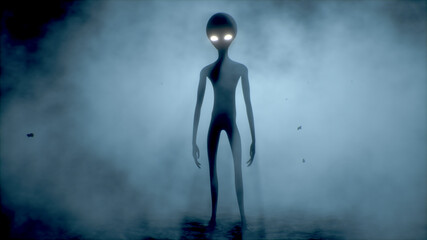 Scary gray alien walks and looks blinking on a dark smoky background. UFO futuristic concept. 3D rendering.