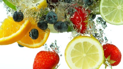 Aufkleber - Super slow motion of various fruit splashing into water, white background. Filmed on high speed cinema camera, 1000 fps.