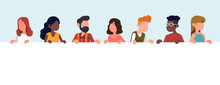 Diverse Group Of Abstract People Holding Empty White Horizontal Banner, Flat Style Vector Concept On Collective Message