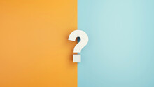White Question Mark Sign On Yellow And Blue Background, 3d Render, Minimal And Copy Space.