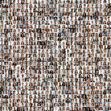 Lot Of Different Multiracial People Headshots Portraits In Square Collage Mosaic Image. Many Hundreds Of Diverse Age And Ethnicity People Faces Looking At Camera Collection. Social Diversity Concept.