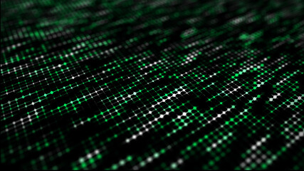 Fototapete - Abstract wireframe perspective grid, connection of blue dots and lines on dark background. 3d rendering.