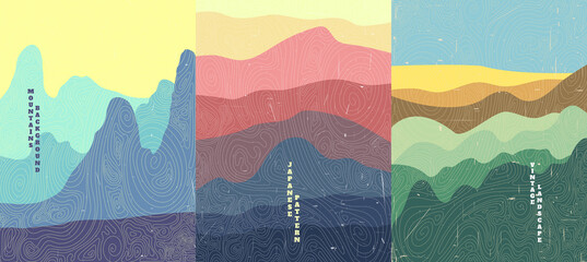 Vector illustration landscape. Wood surface texture. Hills, mountains, meadow. Japanese wave pattern. Mountain background. Asian style. Design for poster, book cover, web template, brochure.