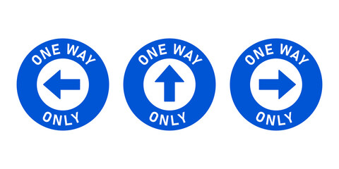 Poster - Set of One Way Only Round Floor Marking Adhesive Sticker Icon with Direction Arrow and Text. Vector Image.