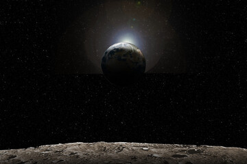 Wall Mural - sun rising behind planet earth viewed from the moon
