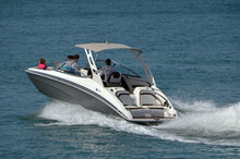High-end Motorboat On The Florida Intra-Coastal Waterway Off Of Miami Beach.