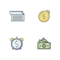 Sticker - Money debt RGB color icons set. Write in checkbook. Heavy financial burden. Pay taxes. Countdown to payment. Dollar banknotes. Banking operation. Revenue cash. Isolated vector illustrations