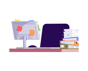 Sticker - Empty workplace semi flat RGB color vector illustration. Messy workspace isolated cartoon object on white background. Stressful work, paperwork overload. Workaholism, overworking problem