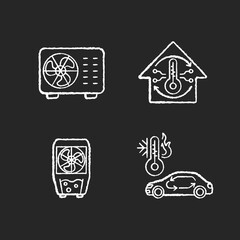 Wall Mural - Climate control chalk white icons set on black background. Split air conditioner, evaporative cooler, central conditioning system and car ventilation. Isolated vector chalkboard illustrations