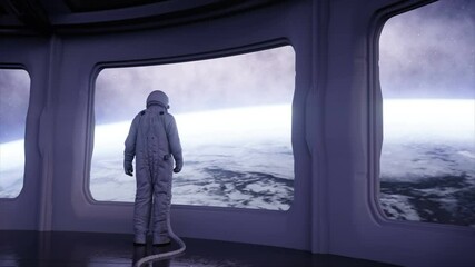 Wall Mural - alone astronaut in futuristic spaceship, room. view of the earth. cinematic 4k footage.