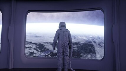 Wall Mural - alone astronaut in futuristic spaceship, room. view of the earth. cinematic 4k footage.