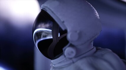 Wall Mural - alone astronaut in futuristic spaceship, room. view of the earth. cinematic 4k footage.
