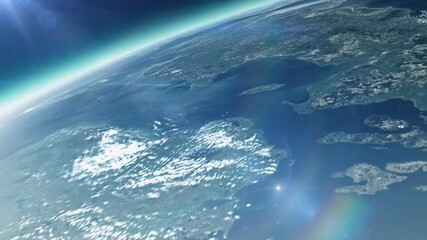 Wall Mural - Planet earth with sunrise in space, movement and flight in low orbit