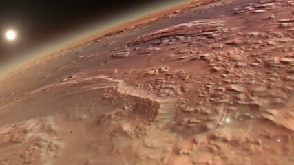 Wall Mural - Planet Mars with sunrise in space, movement and flight in low orbit