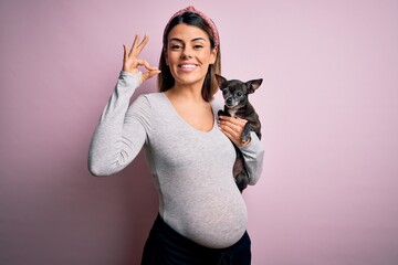 Sticker - Young beautiful brunette woman pregnant expecting baby holding chihuahua puppy doing ok sign with fingers, excellent symbol