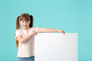 Sticker - Little girl with blank poster on color background