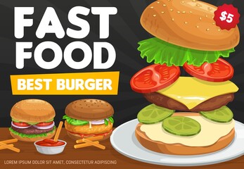 Sticker - Burgers, hamburger and cheeseburger vector design of fast food sandwiches with ingredients. Beef meat, cheese and tomato, burger bread bun, lettuce salad, onion and pickled cucumbers, restaurant menu