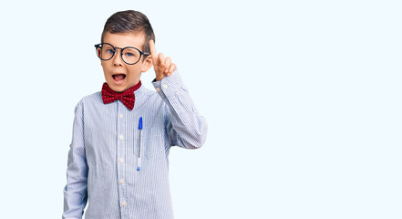 Poster - Cute blond kid wearing nerd bow tie and glasses pointing finger up with successful idea. exited and happy. number one.