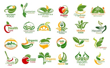 Poster - Vegetarian food and meals vector icons set. Vegetarian restaurant or cafe symbols with vegetables, fruits and herbs, leaves and kitchen utensil, fork, spoon and cloche. Healthy organic food icons