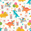 Birthday seamless pattern of cute colorful dinosaurs with gift boxes and stars on white background.