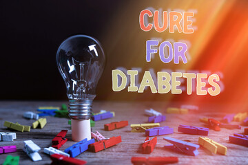 Conceptual hand writing showing Cure For Diabetes. Concept meaning looking for medication through insulindependent Realistic colored vintage light bulbs, idea sign solution