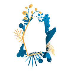 Poster - Abstract gold floral frame with blue exotic tropical leaves, branch, berries. Polygonal geometric white banner, empty template for text. Luxury decorative modern polyhedron closeup Vector illustration