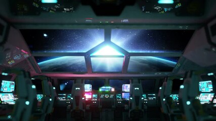 Wall Mural - space ship futuristic interior. sunrise view from cabine. galactic travel concept.