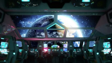 Wall Mural - space ship futuristic interior. earth view from cabine. galactic travel concept.