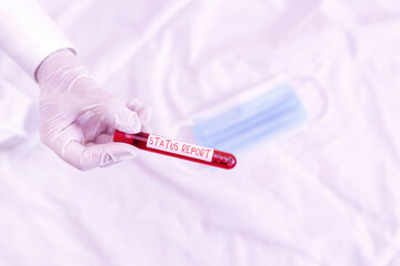 Poster - Handwriting text Status Report. Conceptual photo summarizes the particular situation as of a stated period Extracted blood sample vial ready for medical diagnostic examination