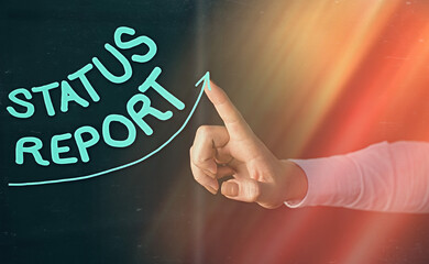 Poster - Handwriting text writing Status Report. Conceptual photo summarizes the particular situation as of a stated period digital arrowhead curve rising upward denoting growth development concept