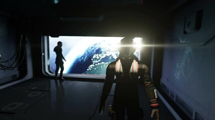 Wall Mural - astronauts in futuristic space corridor, room. view of the earth. cinematic 4k footage.