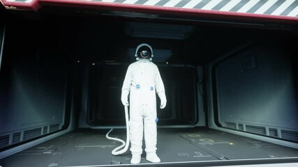 Wall Mural - alone astronaut in futuristic space corridor, room. view of the earth. cinematic 4k footage.