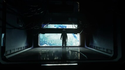 Wall Mural - alone astronaut in futuristic space corridor, room. view of the earth. cinematic 4k footage.