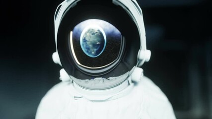 Wall Mural - alone astronaut in futuristic space corridor, room. view of the earth. cinematic 4k footage.