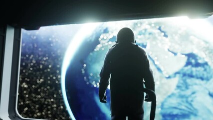 Wall Mural - alone astronaut in futuristic space corridor, room. view of the earth. cinematic 4k footage.