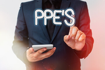 Poster - Writing note showing Ppe s is. Business concept for Specialized equipment for protection against health and safety hazard Model with pointing hand finger symbolizing navigation progress growth