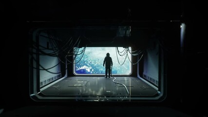 Wall Mural - alone astronaut in futuristic space corridor, room. view of the earth. cinematic 4k footage.