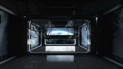 Wall Mural - futuristic space corridor, tunnel. flight view of the earth. cinematic 4k animation.