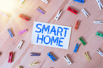 Poster - handwriting text smart home. conceptual photo equipped home can be controlled remotely by phone or c