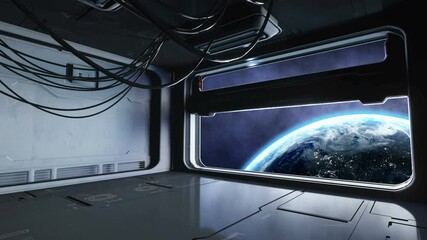 Wall Mural - futuristic space corridor, tunnel. flight view of the earth. cinematic 4k animation.