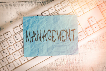 Poster - Text sign showing Management. Business photo text the authoritative act of directing or controlling things White keyboard office supplies empty rectangle shaped paper reminder wood