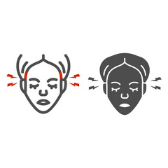 Poster - Temple pain line and solid icon, healthcare concept, Migraine sign on white background, Human head with lightning icon in outline style for mobile concept and web design. Vector graphics.