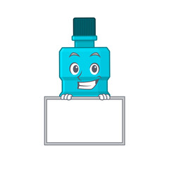 Sticker - Funny cartoon design style mouthwash standing behind a board